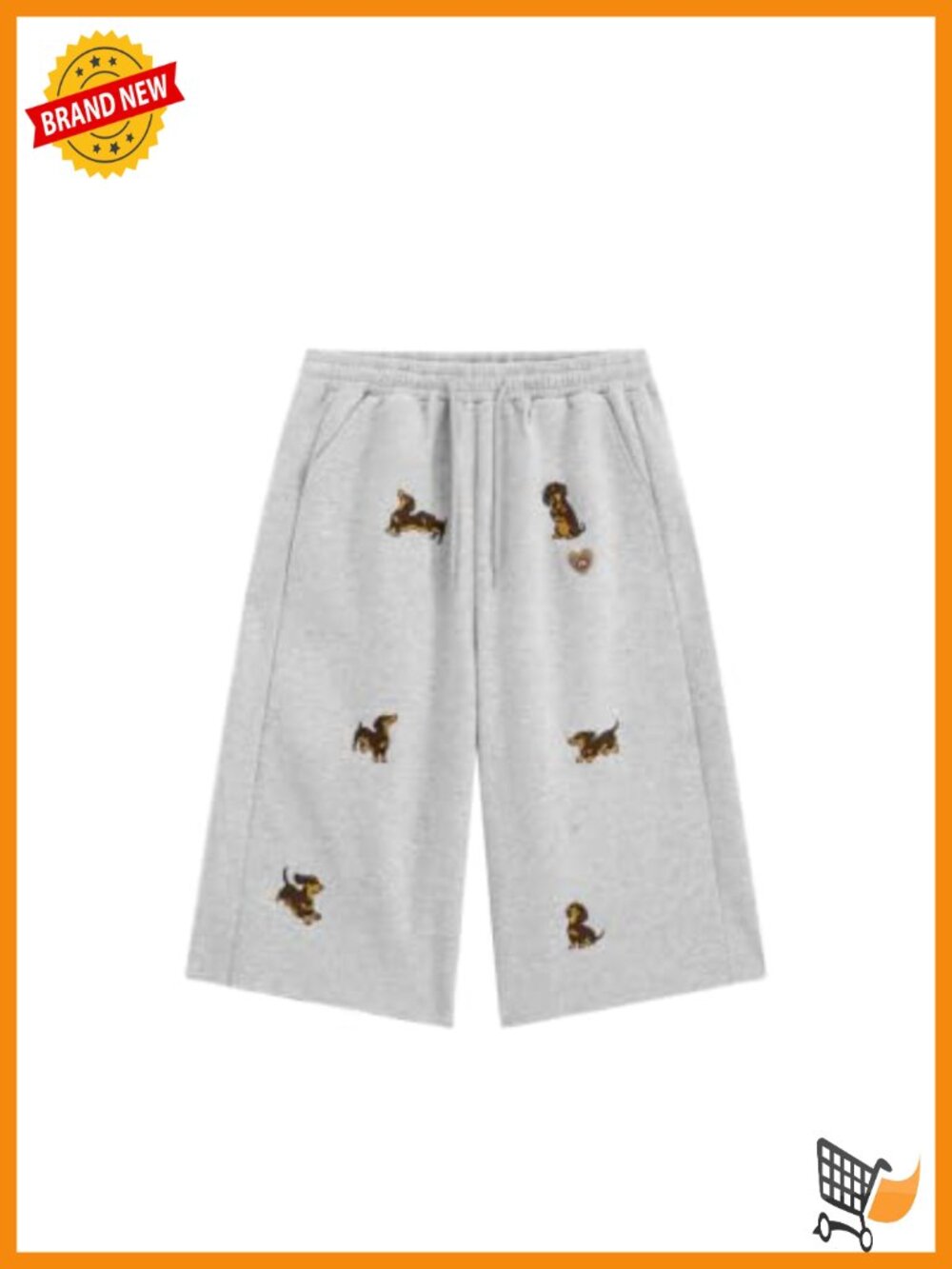 Baggy Sweat Shorts with Dachshund Embroidery - Drawstring Bermuda Athletic